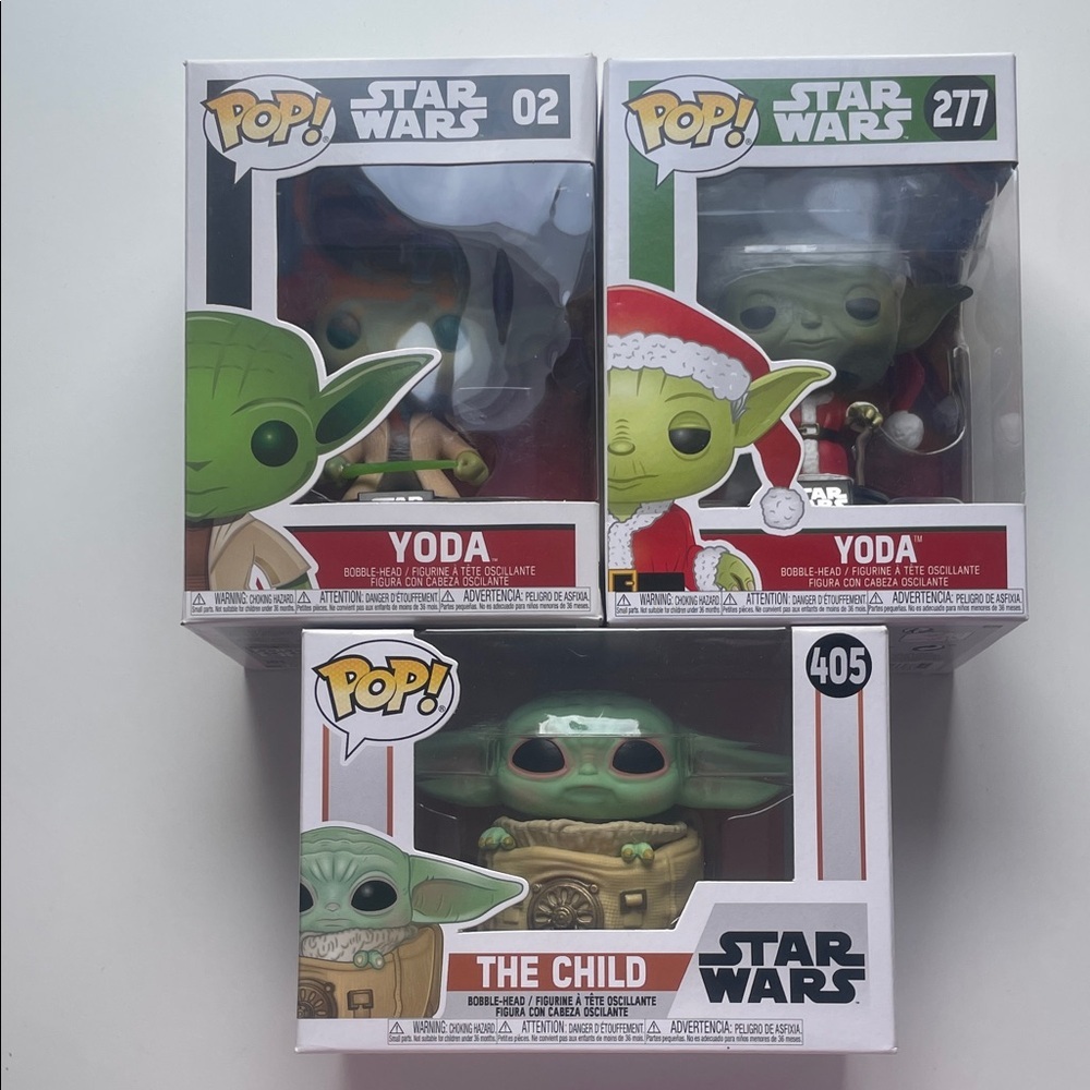 Funko POP Star Wars Yoda 02, Yoda holiday 277 and The Child 405